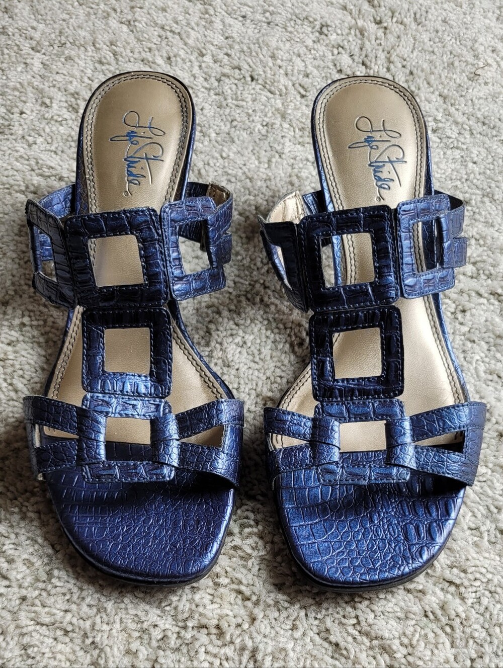 "Squared Off" Metallic Blue Croc- Embossed Block Heel Sandals  2 1/4 High Size 9